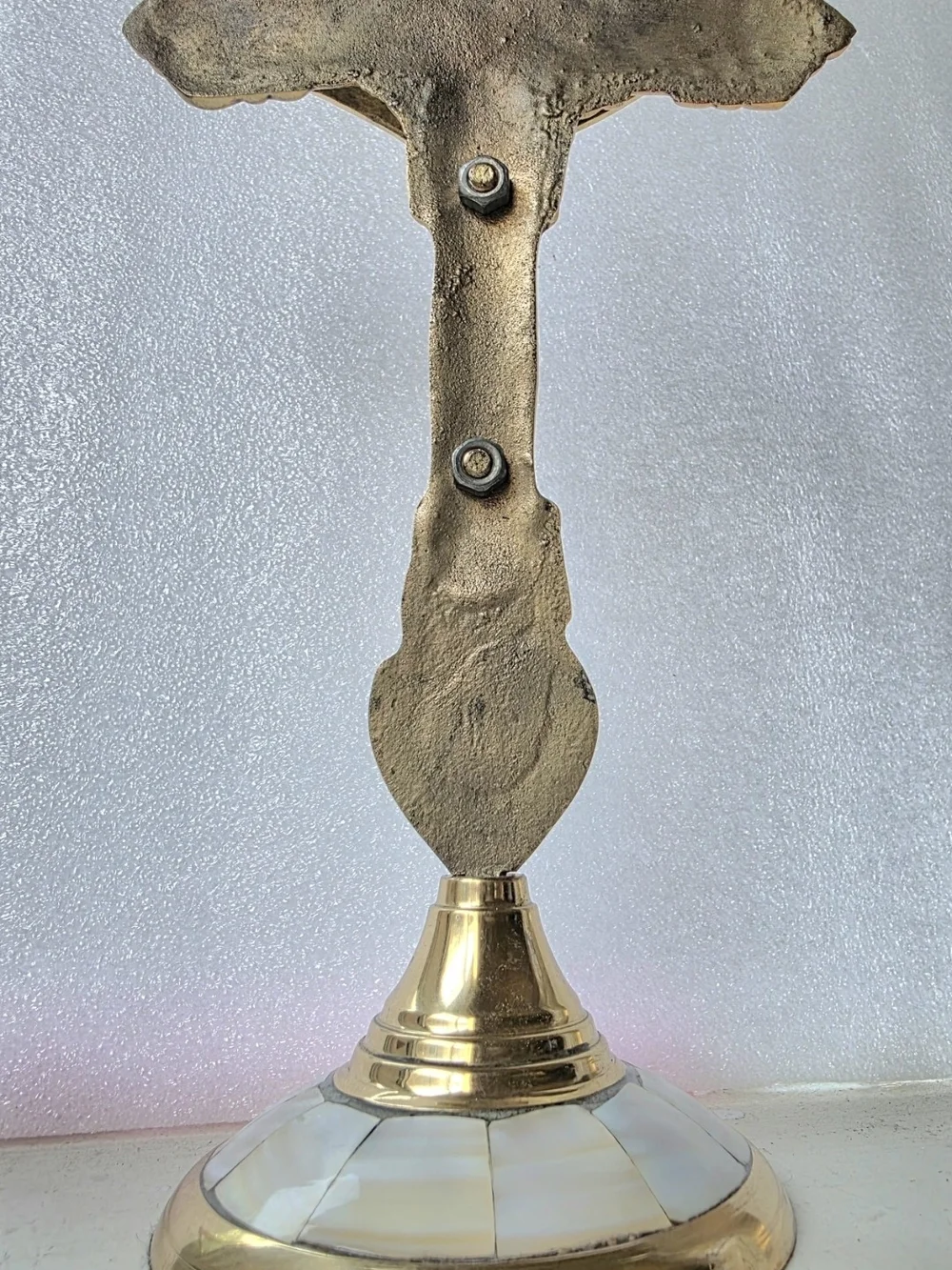 Vintage Brass & Mother of Pearl Standing Crucifix - Altar Tabletop Cross, 10